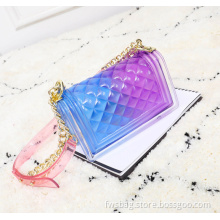 Europe New Popular Special Designer Eco Colored PVC Classic Diamond Women Clear Jelly Purse with Chain